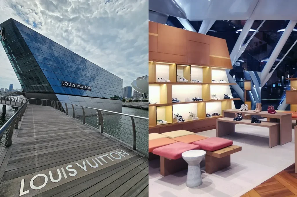 Louis Vuitton Marina Bay exterior and modern interior with display shelves.