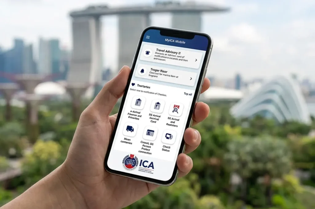 Hand holding a smartphone displaying the MyICA Mobile App homepage, with the iconic Marina Bay Sands and Gardens by the Bay in the background.