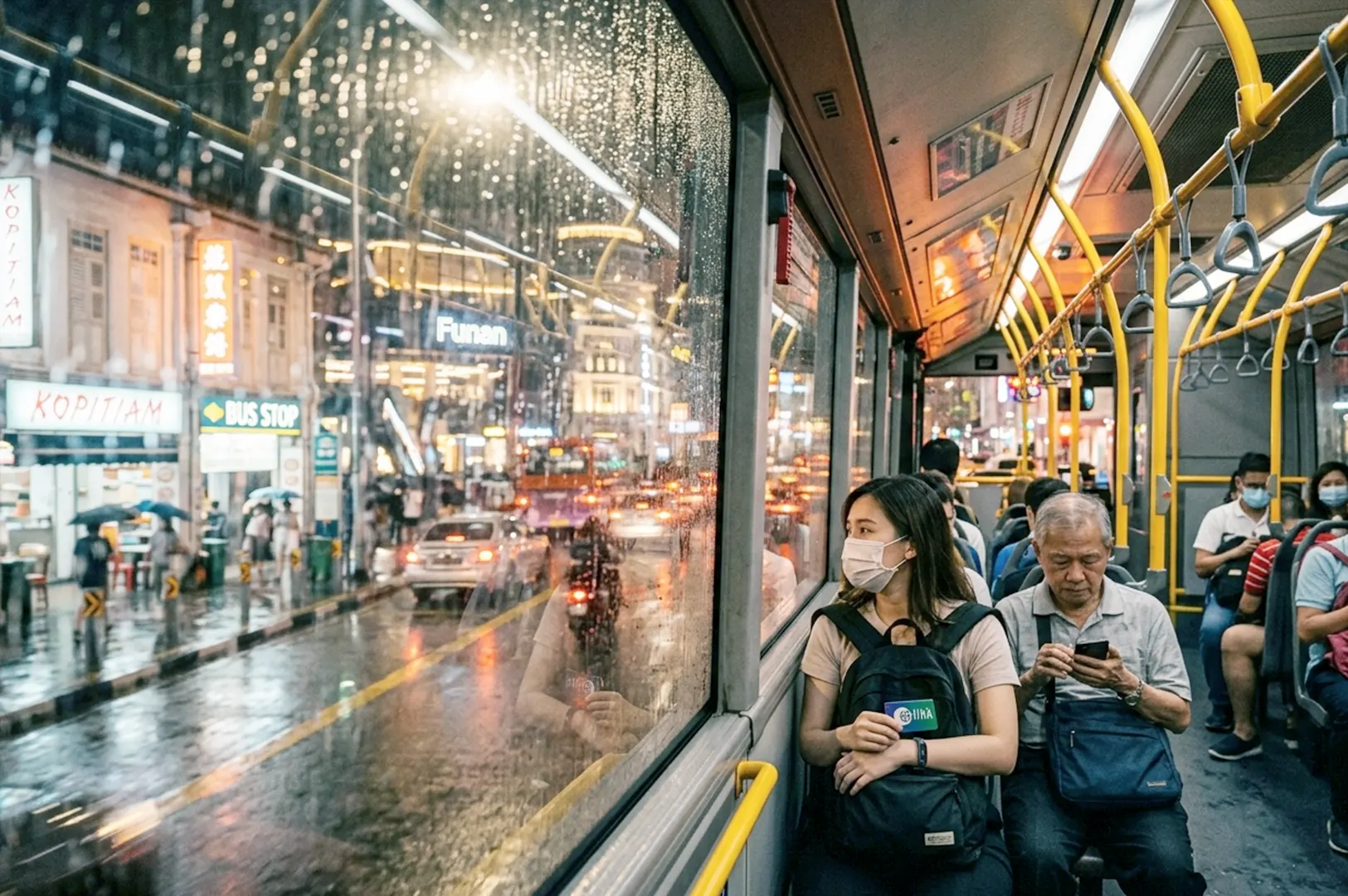 Singapore bus interior at night with commuters and rainy street view.
