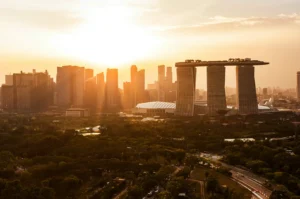 Golden-hour view of Singapore skyline with Marina Bay Sands and the sun glowing over the city.