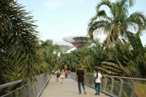 People walking along a tropical garden walkway in Singapore.